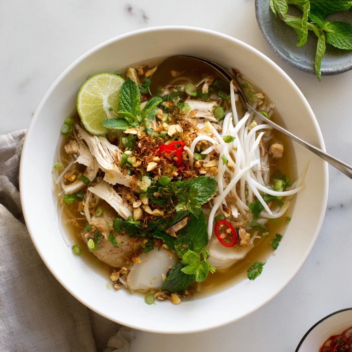 Aromatic Vietnamese Bun Thang soup served with lime wedges and colorful garnishes for a comforting meal.