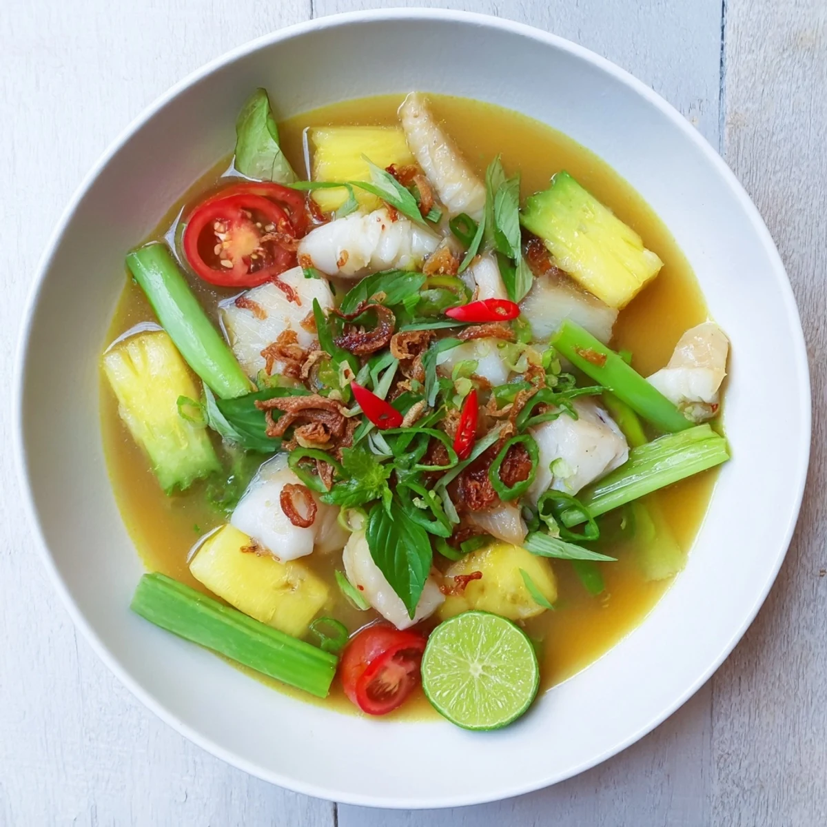 A steaming bowl of Modern Canh Chua soup features flaky white fish and pineapple chunks in a rich, tangy tamarind broth. Garnished with fresh herbs, this vibrant Vietnamese sour soup is served alongside lime wedges and a sprinkle of fried shallots.