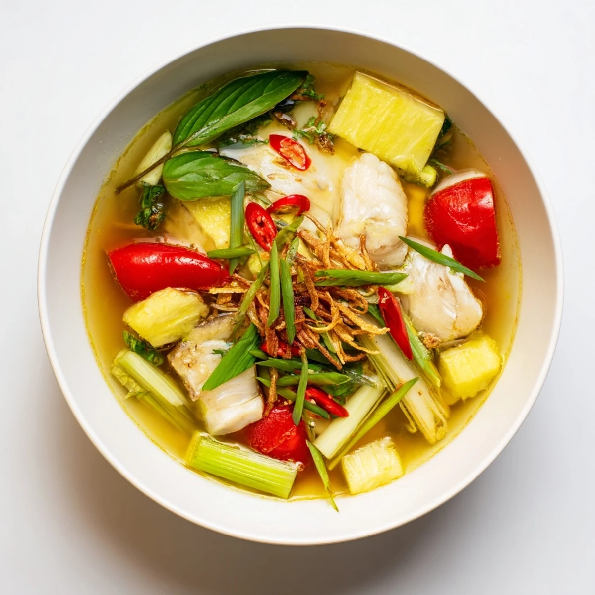 Photographed in natural light, this Modern Canh Chua recipe shows colorful tomatoes, bean sprouts, and Thai basil floating in a golden, aromatic broth. The rustic wooden table setting highlights the soup's steamy, fresh-off-the-stove appeal.