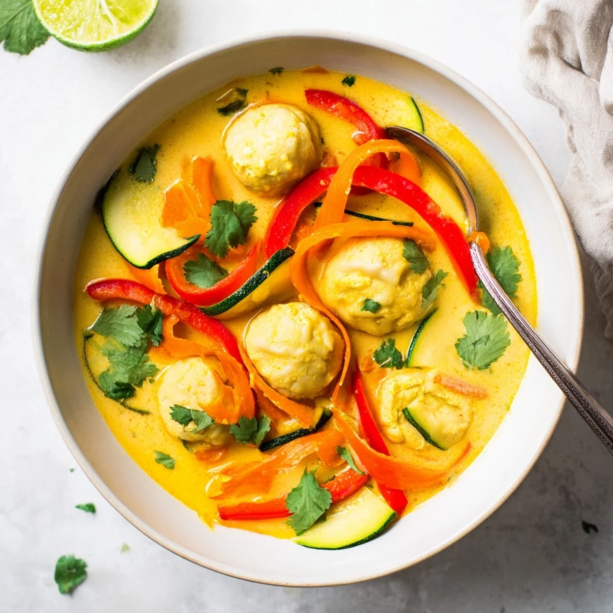 Steaming bowl of Yellow Thai Curry Dumpling Soup with tofu-filled wontons, zucchini, and red bell pepper.
