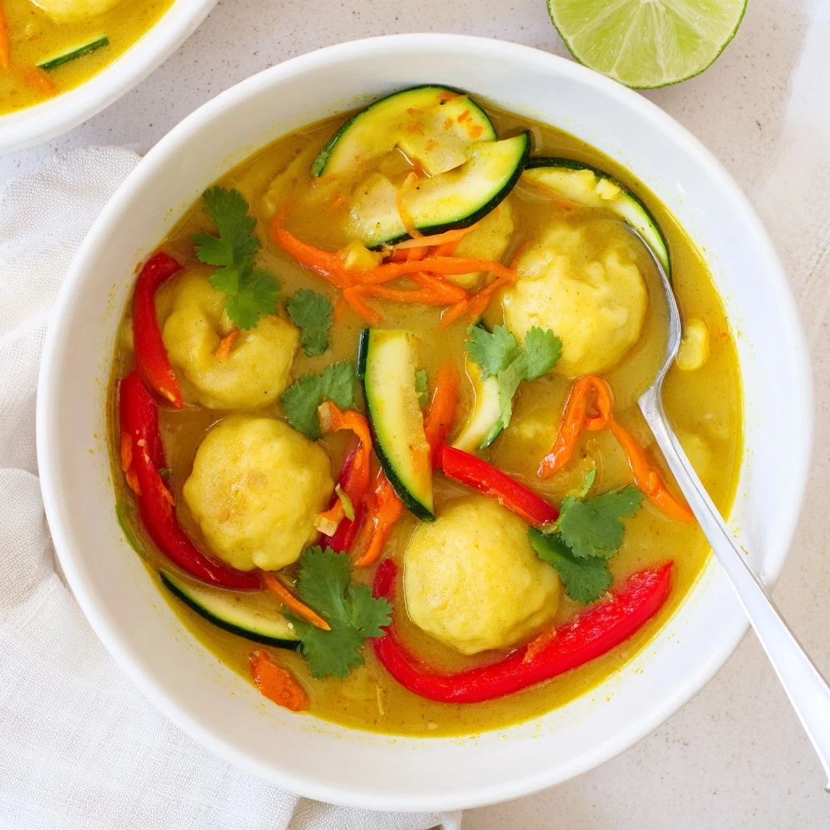 A close-up of vibrant Yellow Thai Curry Dumpling Soup garnished with cilantro, lime wedges, and chili slices.