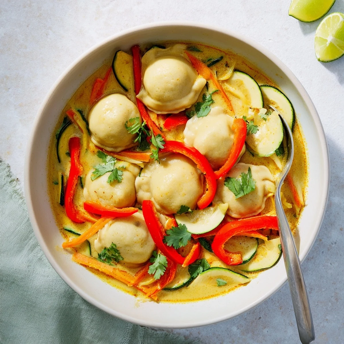 Spoon dipping into a rich, coconut-based Yellow Thai Curry Dumpling Soup with colorful vegetables and tender dumplings.