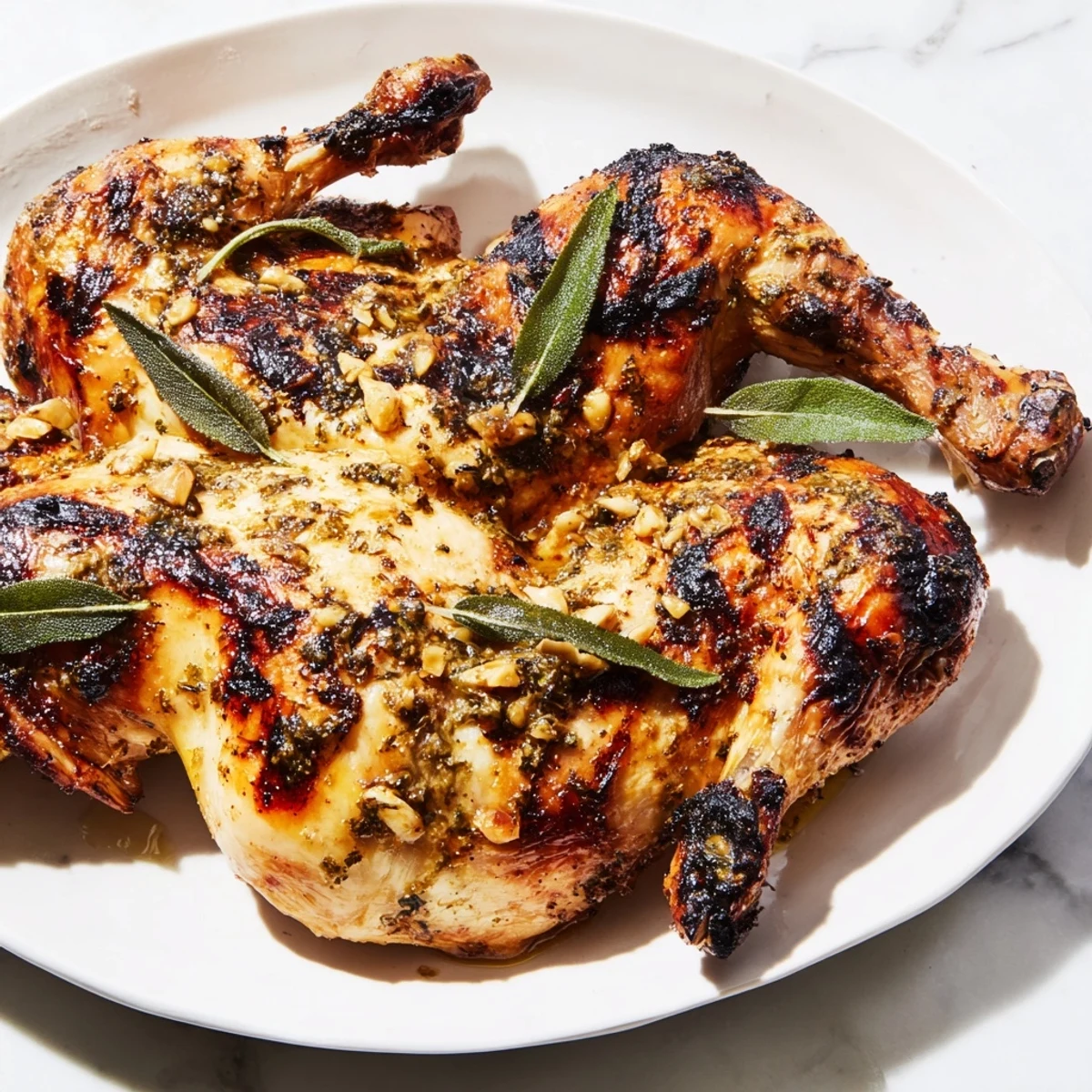 Juicy BBQ roast lemon and oregano chicken with golden crispy skin and fresh lemon wedges on a rustic platter.