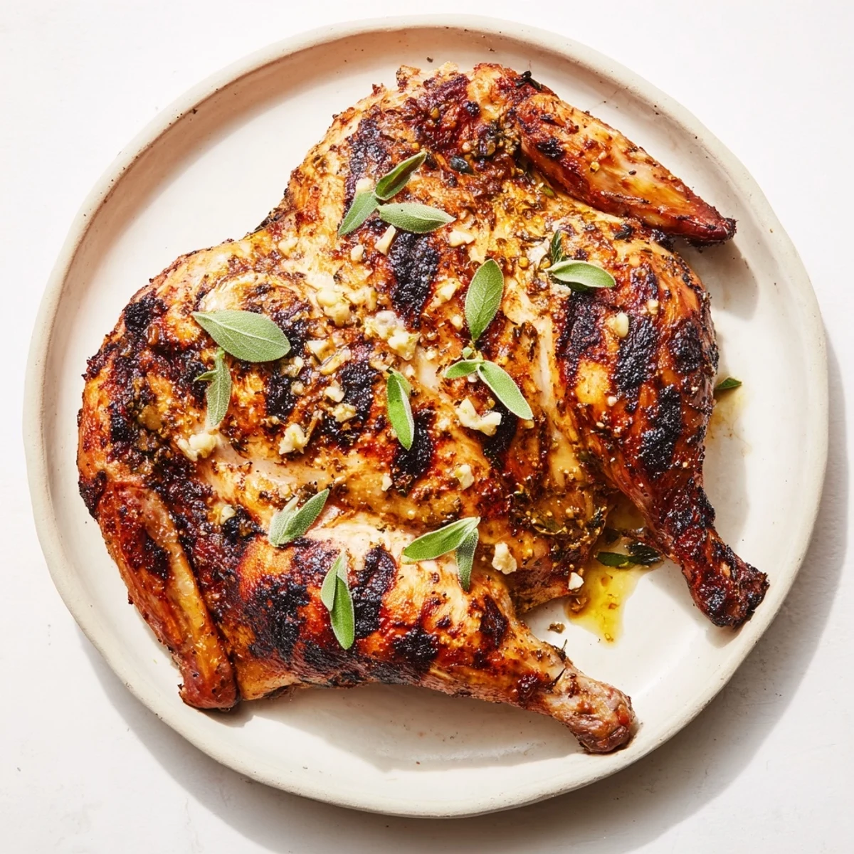 Succulent BBQ roast lemon and oregano chicken served with oregano sprigs and lemon wedges for summer dinner.