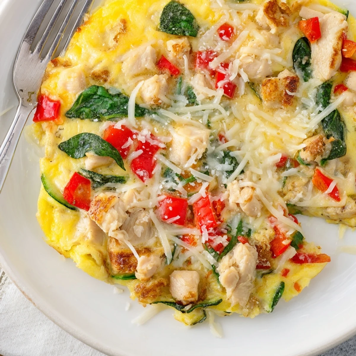 A close-up of the finished Chicken and Vegetable Frittata, featuring golden-brown eggs and melted cheese.