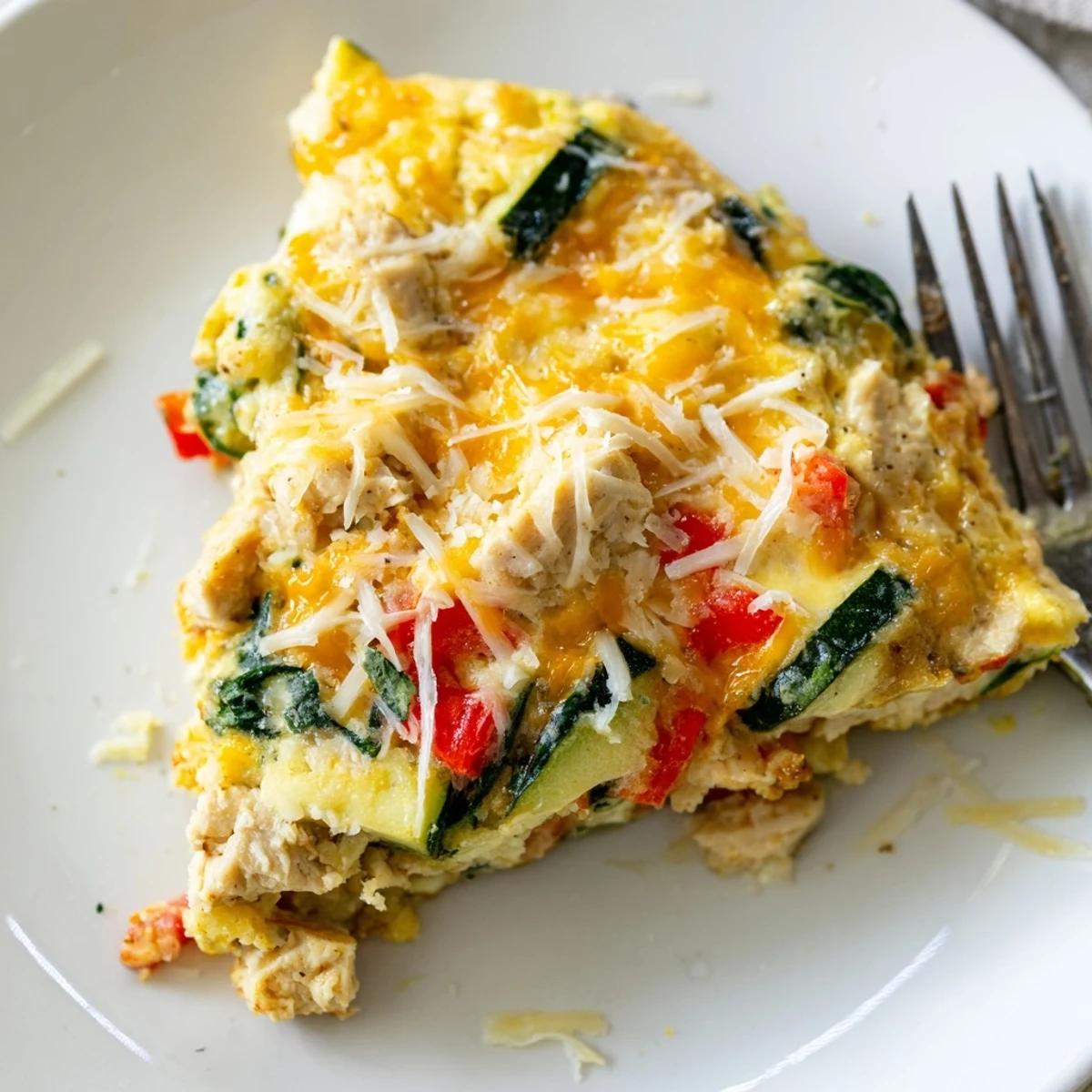 Golden slices of Chicken and Vegetable Frittata arranged on a white plate with a fresh side salad.