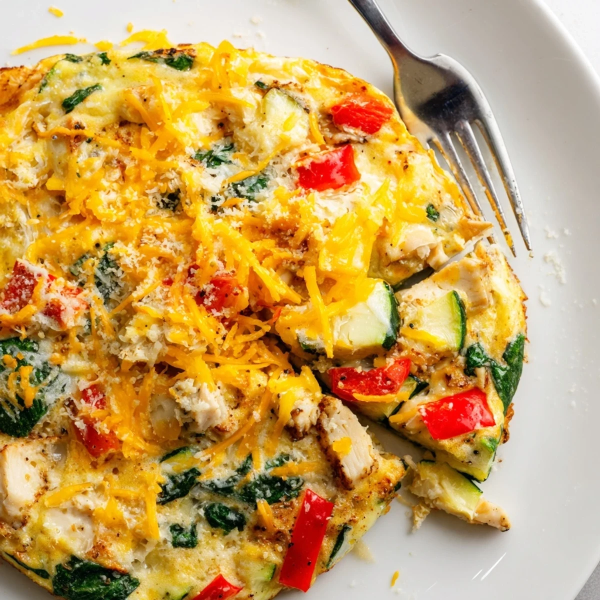 A rustic skillet holding a whole Chicken and Vegetable Frittata, studded with colorful bell peppers and spinach.