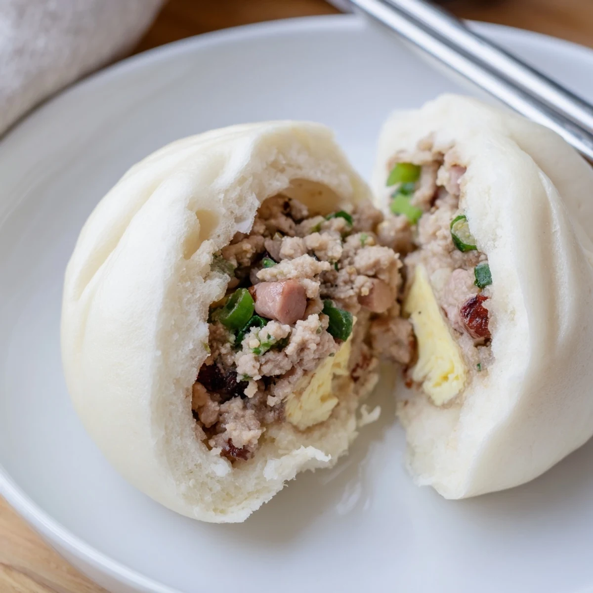 Freshly steamed Banh Bao buns served warm as a snack or light Vietnamese meal.
