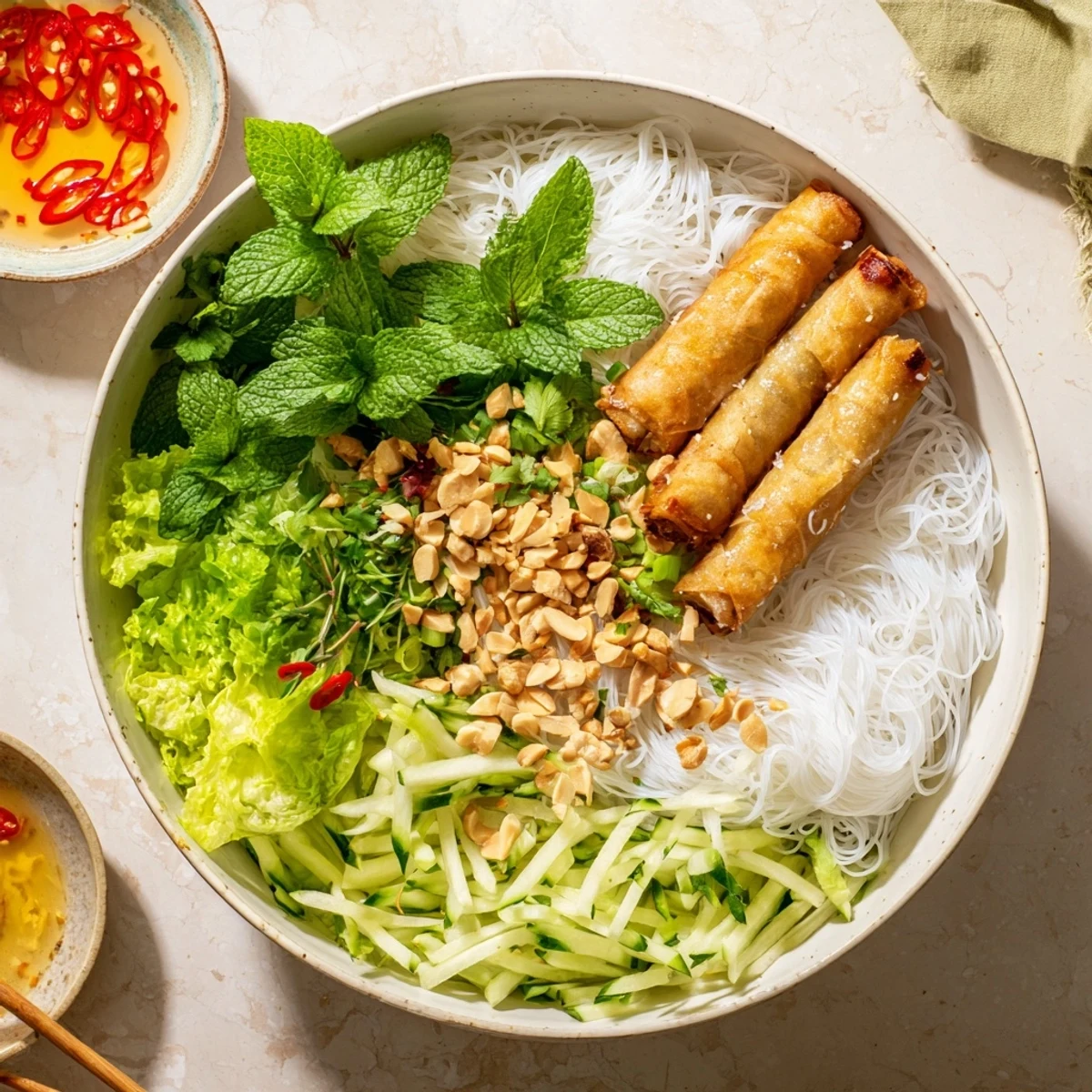 A vibrant bowl of Bun Cha Gio featuring crispy fried spring rolls nestled on fresh rice vermicelli with herbs, cucumber, and peanuts.