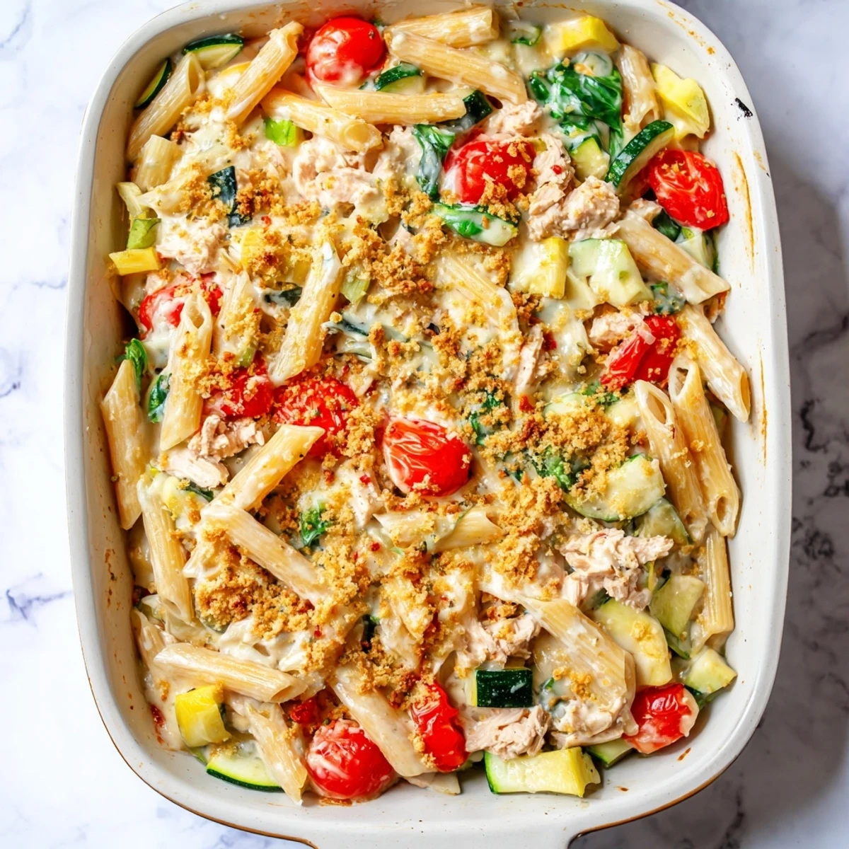 Creamy lactose-free tuna and veggie pasta bake bubbling with golden cheese topping.