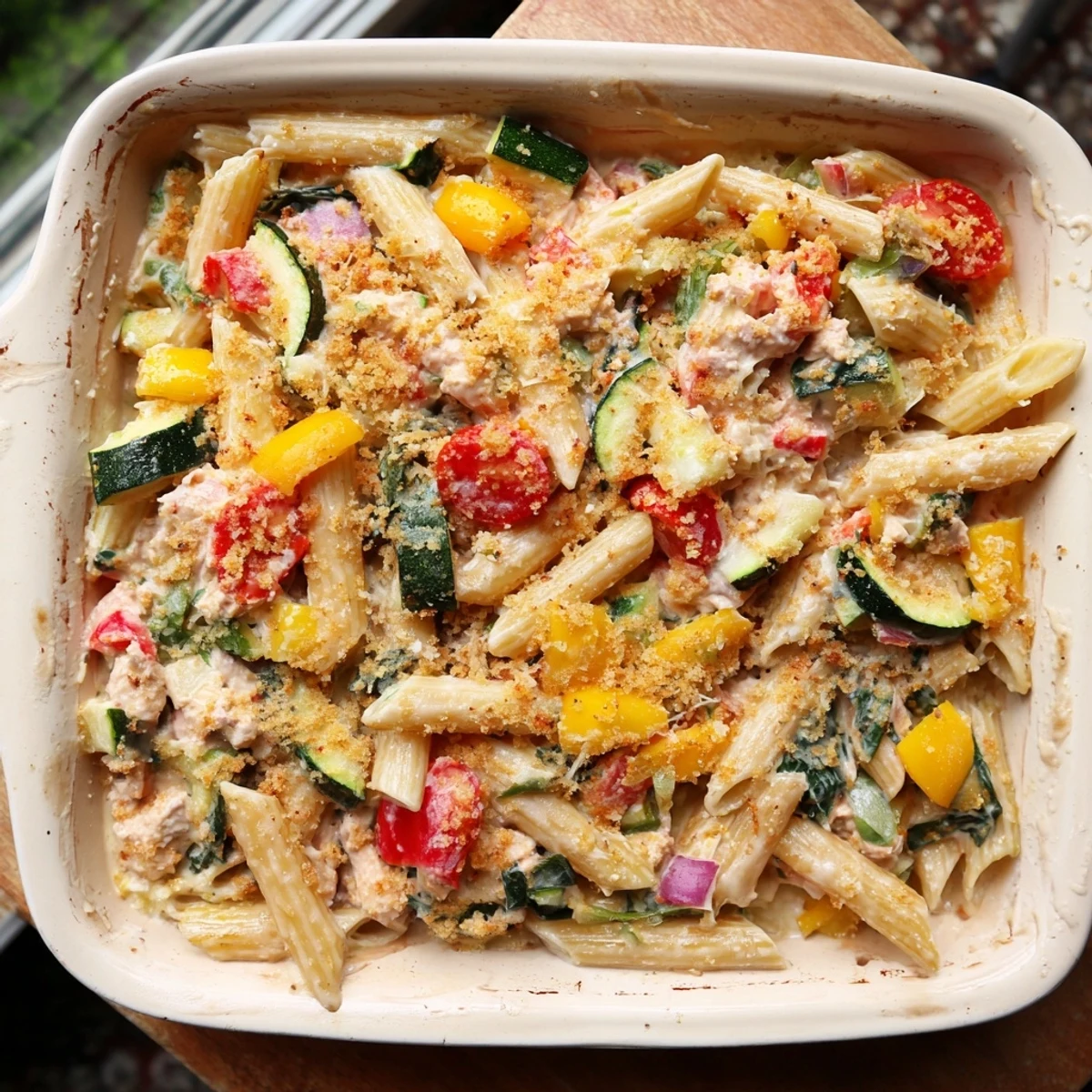 Zucchini, red pepper, and cherry tomatoes in a comforting tuna pasta bake.