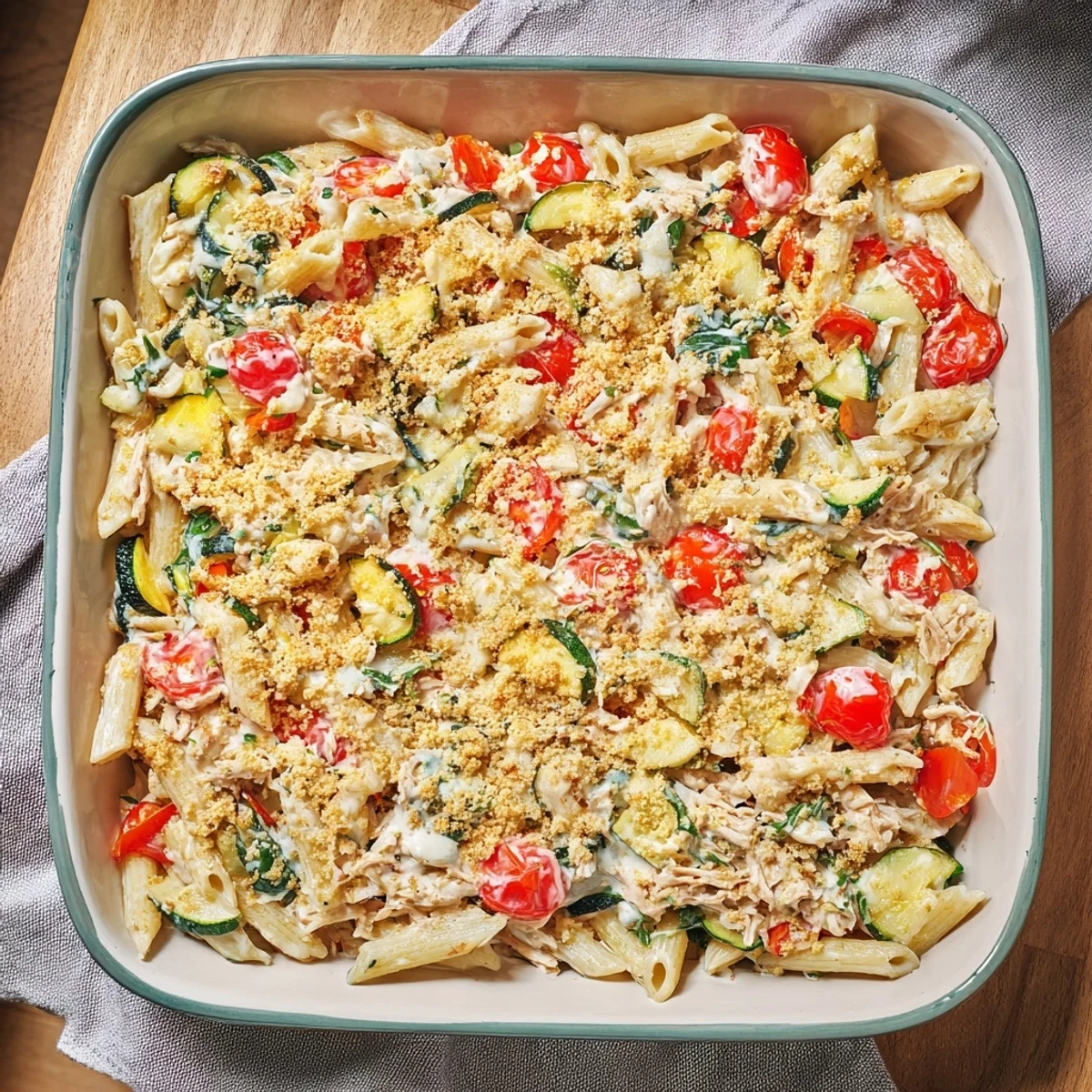 Serving lactose-free tuna and veggie pasta bake with a crisp green salad.