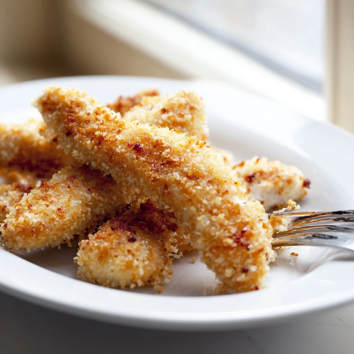 A close-up view shows these Panko Crusted Chicken Strips with a crunchy breadcrumb coating and tender meat inside.