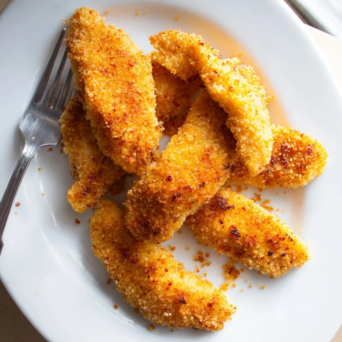 Crispy golden Panko Crusted Chicken Strips arranged on a rustic wooden platter with a small bowl of honey mustard dipping sauce.