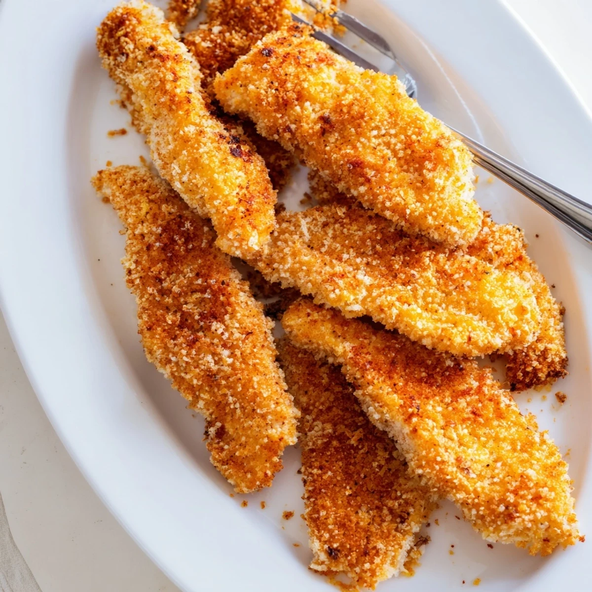 A plate of Panko Crusted Chicken Strips served with fresh parsley and a side of creamy ranch dip.