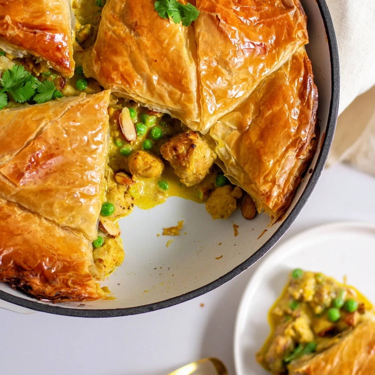 The One Pan Chicken Korma Pie reveals tender chicken peas in creamy spiced sauce beneath its golden crust.