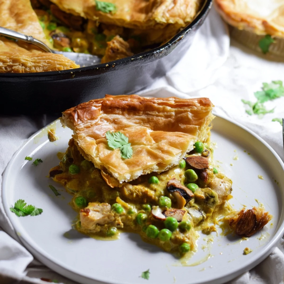 Golden, flaky puff pastry covers a bubbling One Pan Chicken Korma Pie straight from the oven, promising savory aromas.