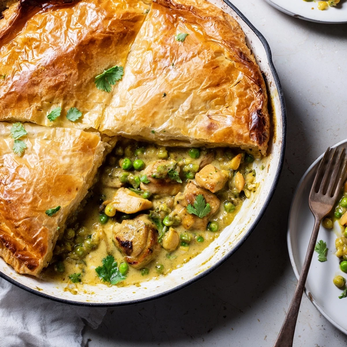 Sliced One Pan Chicken Korma Pie served on a white plate with fresh cilantro garnish and side salad.