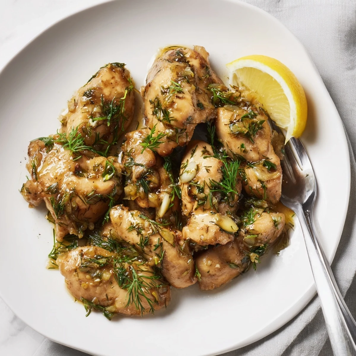 Juicy Paleo Lemon Dill Chicken is plated alongside roasted broccoli and a light salad for a healthy meal. 