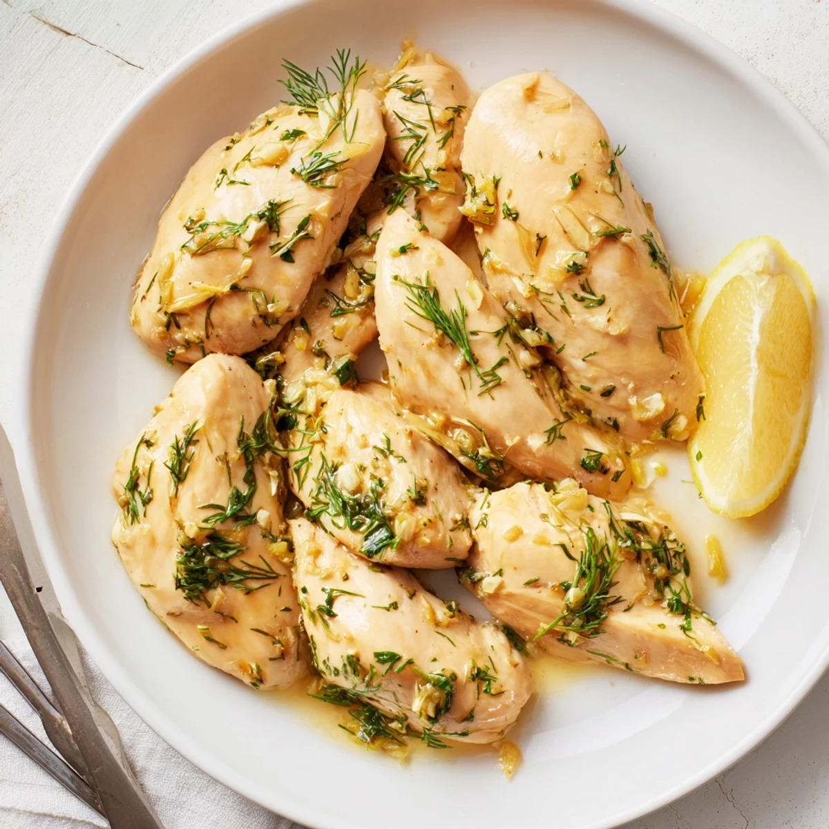 Freshly baked Paleo Lemon Dill Chicken breasts rest on a white plate, garnished with lemon slices and chopped dill. 
