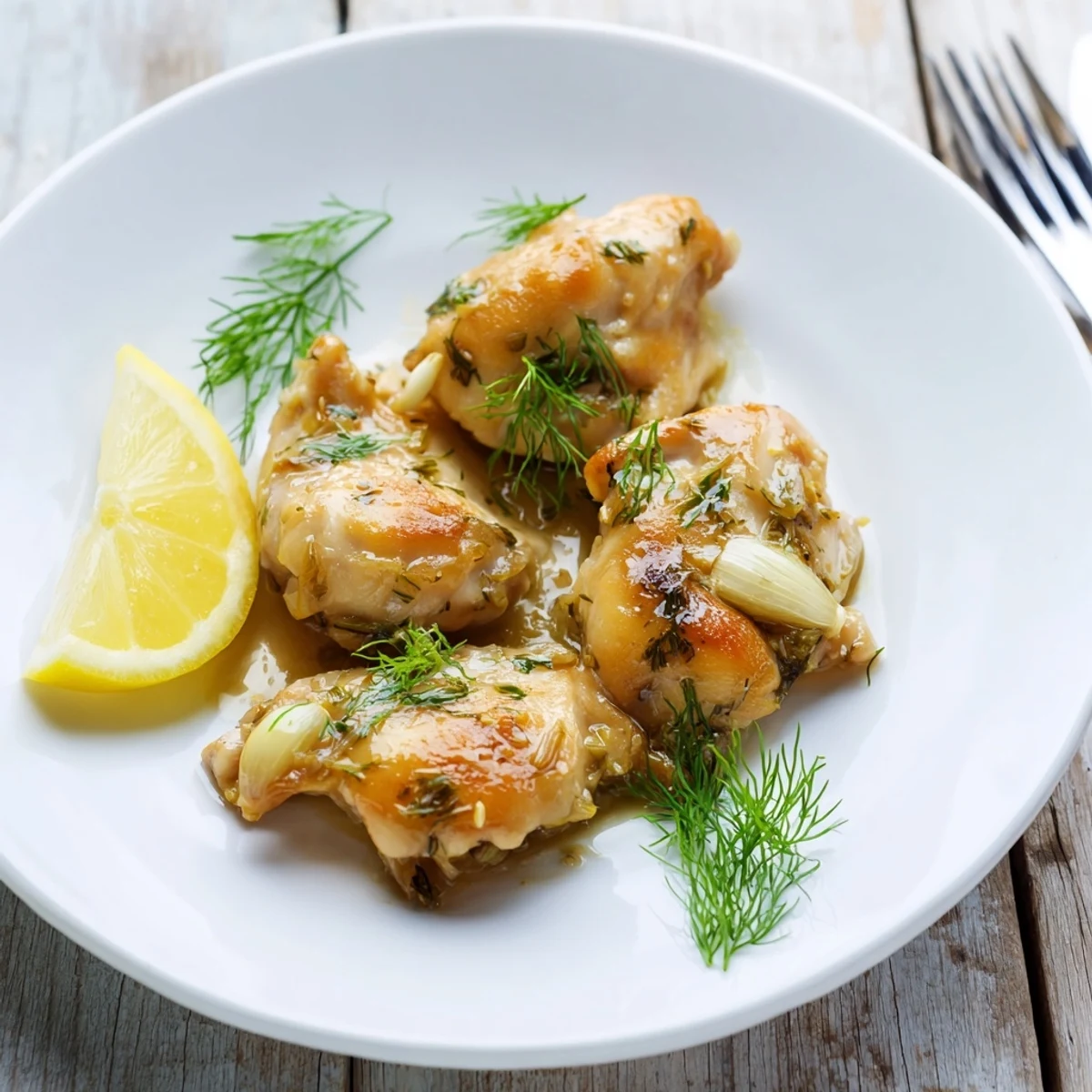 Close-up of baked Paleo Lemon Dill Chicken featuring golden edges and a vibrant, zesty herb marinade.