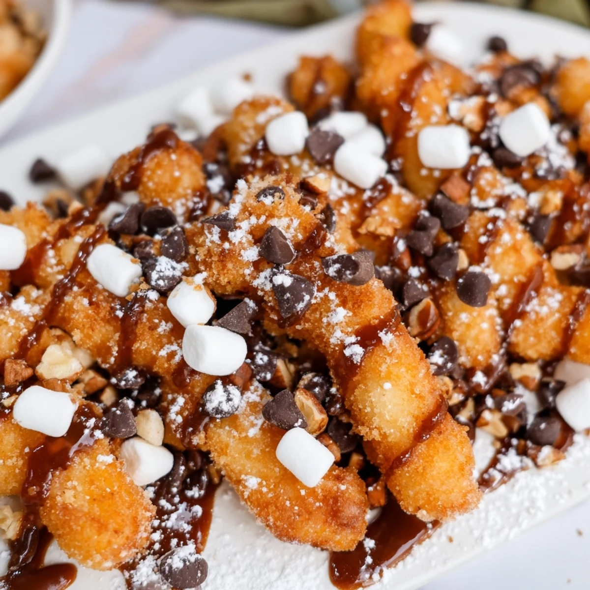 A generous serving platter of Salted Caramel Apple Fries topped with powdered sugar and surrounded by chocolate chips and graham cracker crumbs.