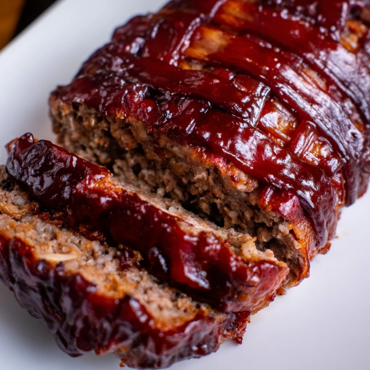 Freshly baked BBQ Beef Bacon Wrapped Meatloaf resting on a wooden cutting board with a glossy glaze.