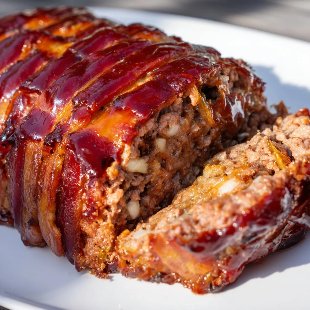 Sizzling BBQ Beef Bacon Wrapped Meatloaf hot from the oven, bacon crisped to perfection on a baking sheet.