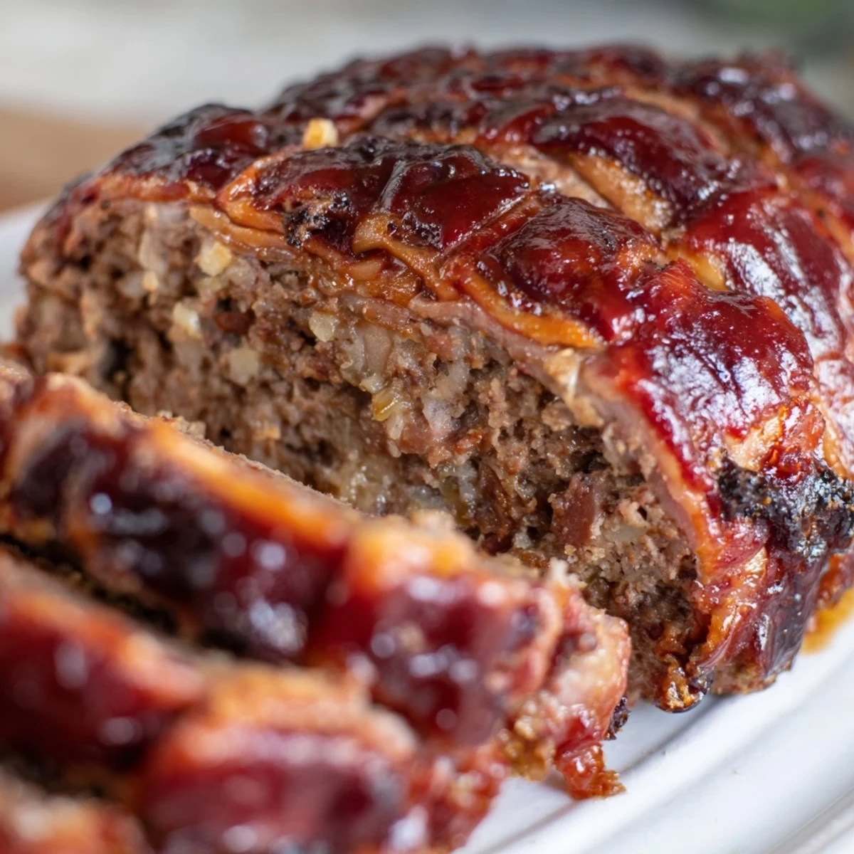 Family-style BBQ Beef Bacon Wrapped Meatloaf slice served with mashed potatoes and green beans on a ceramic plate.