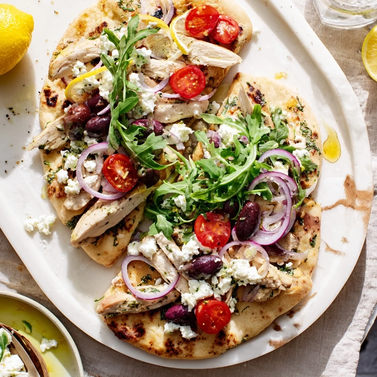 Zesty Lemon Herb Chicken Flatbread With Creamy Feta is served warm with cherry tomatoes and Kalamata olives on top.