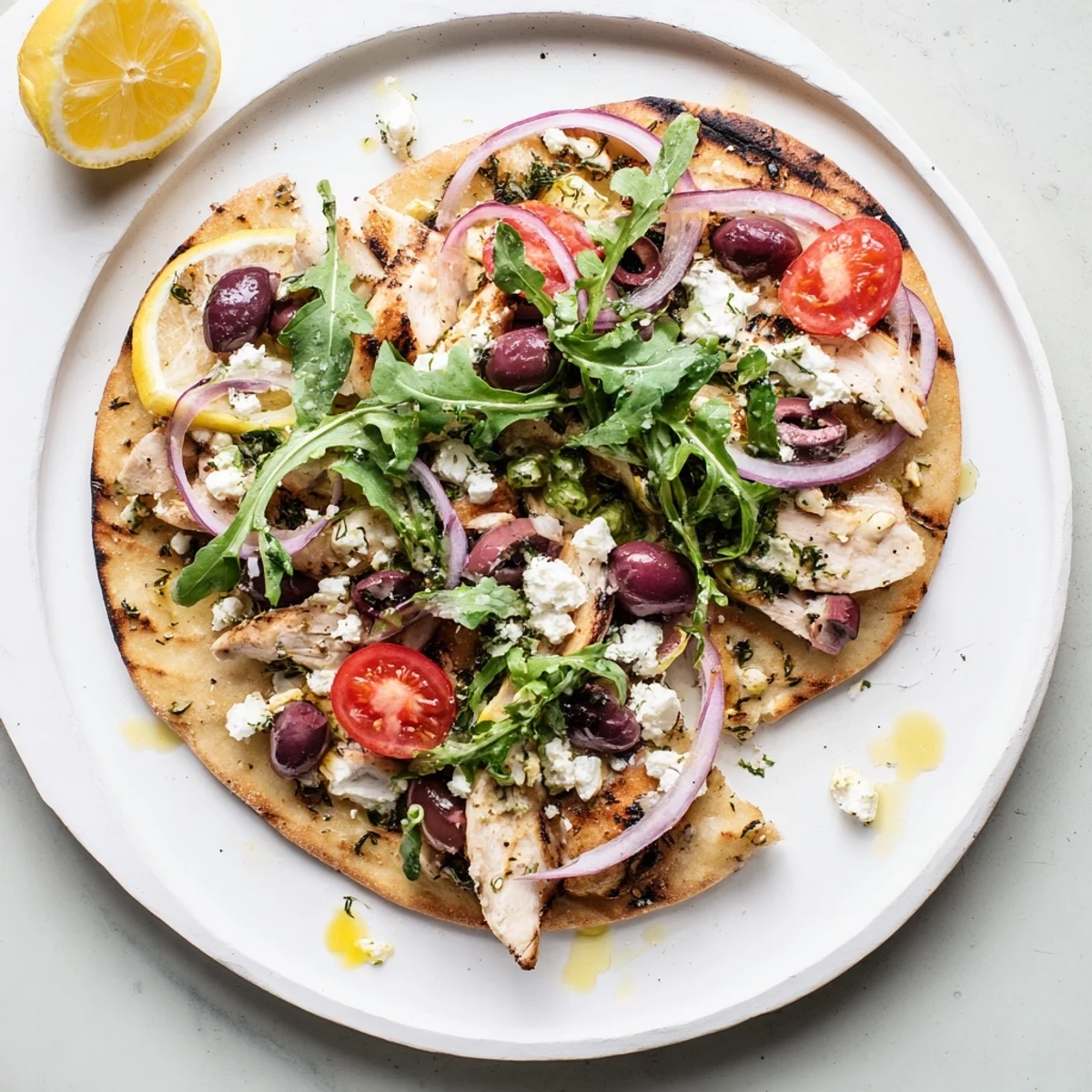 Sliced chicken breast and creamy feta cheese garnish this flatbread, drizzled with olive oil for a quick, flavorful dinner.