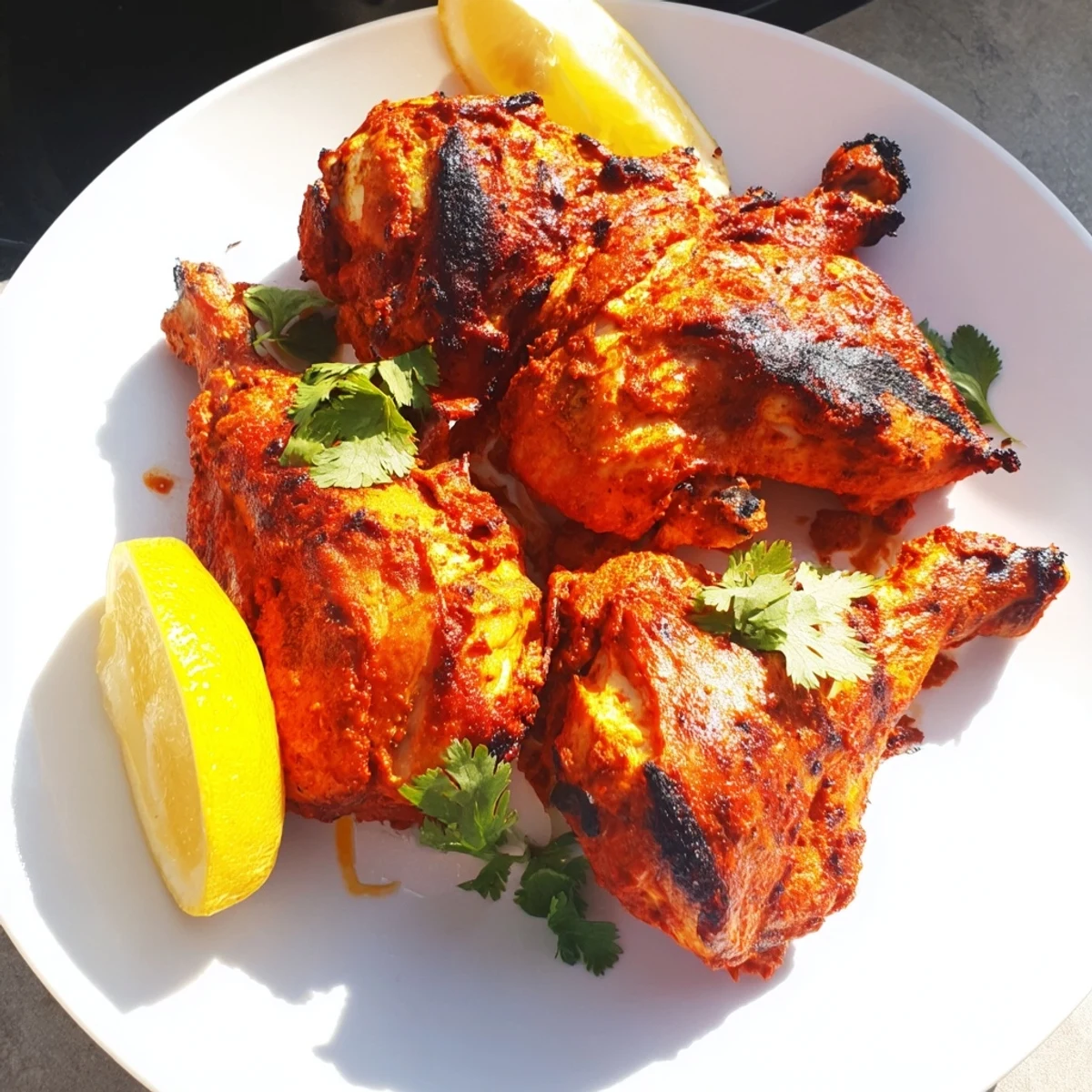 Golden-brown Tandoori Chicken thighs and drumsticks fresh from the oven, marinated in yogurt and spices.