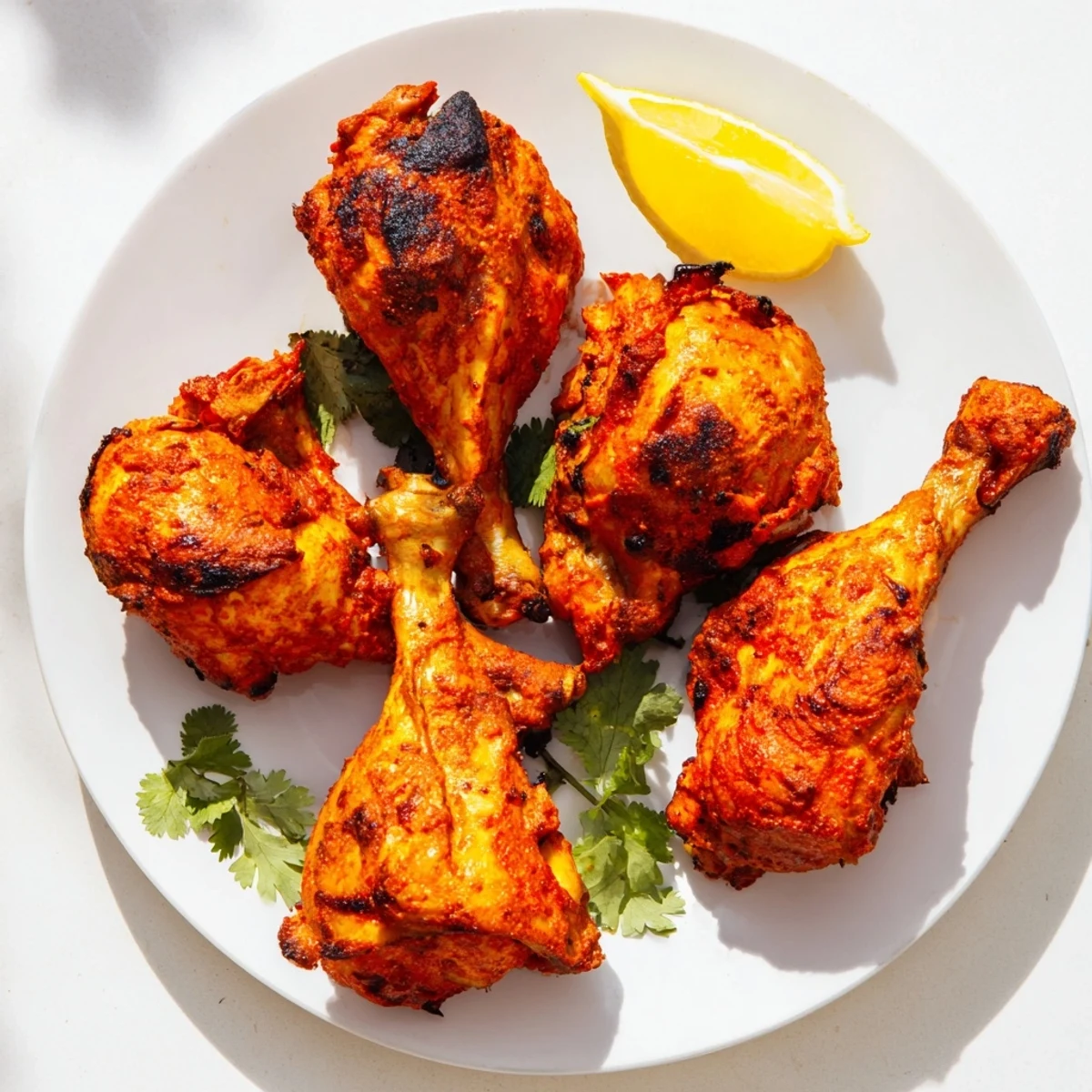 Grilled Tandoori Chicken with vibrant red-orange char and smoky aroma, served with naan bread.