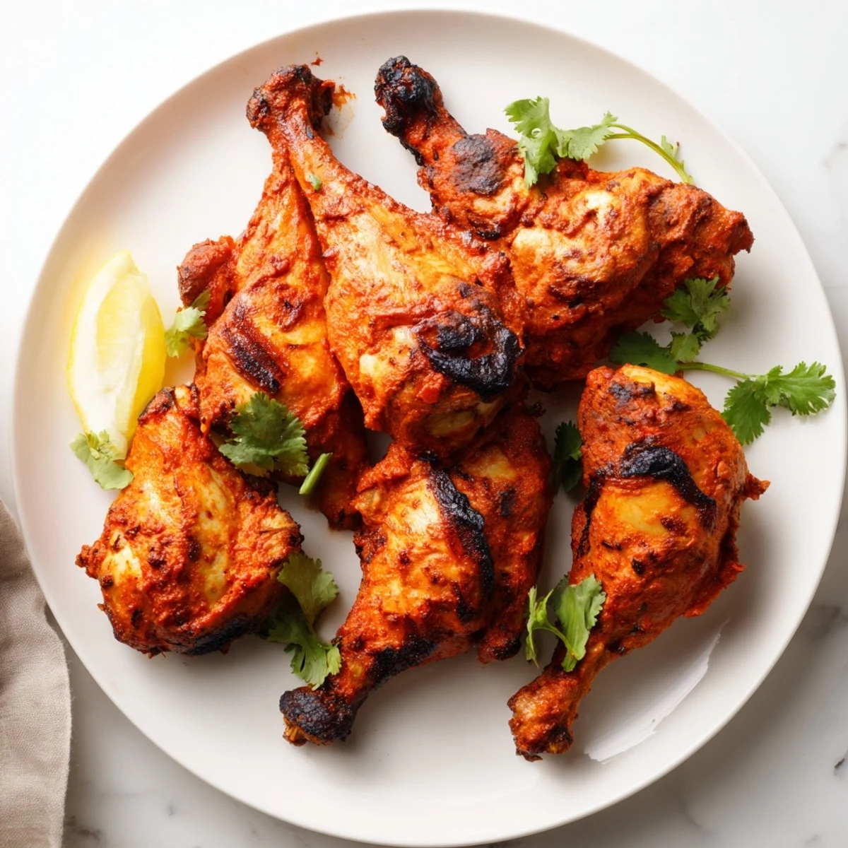 Tandoori Chicken pieces resting on a platter with lemon wedges and fresh cilantro garnish.