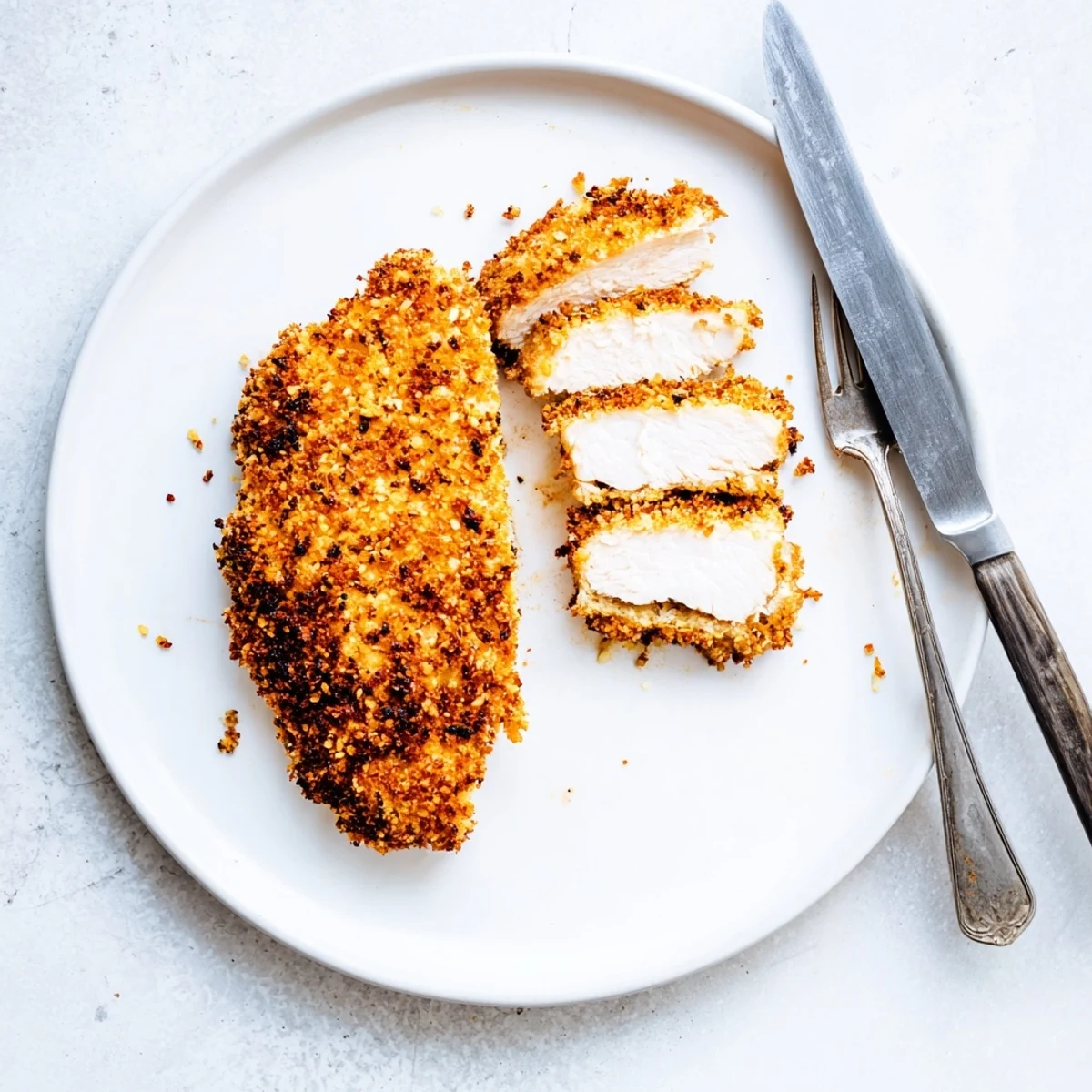 Juicy air fryer breaded chicken breast on a white plate with lemon wedges and parsley garnish