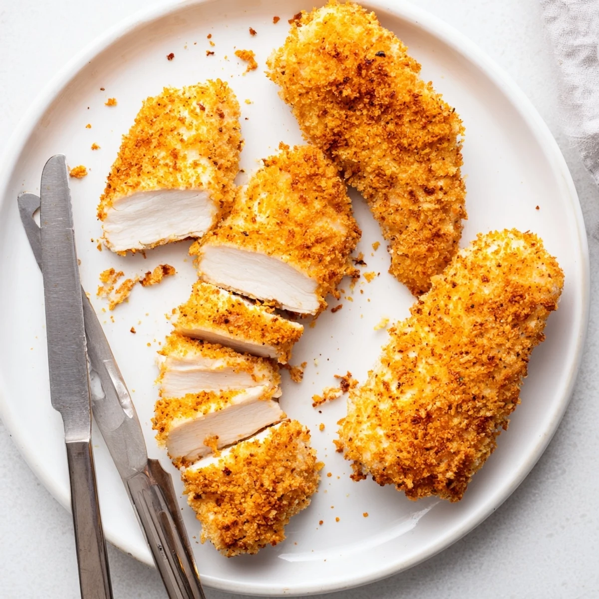 Crispy golden panko-crusted air fryer breaded chicken breast with a drizzle of honey mustard sauce