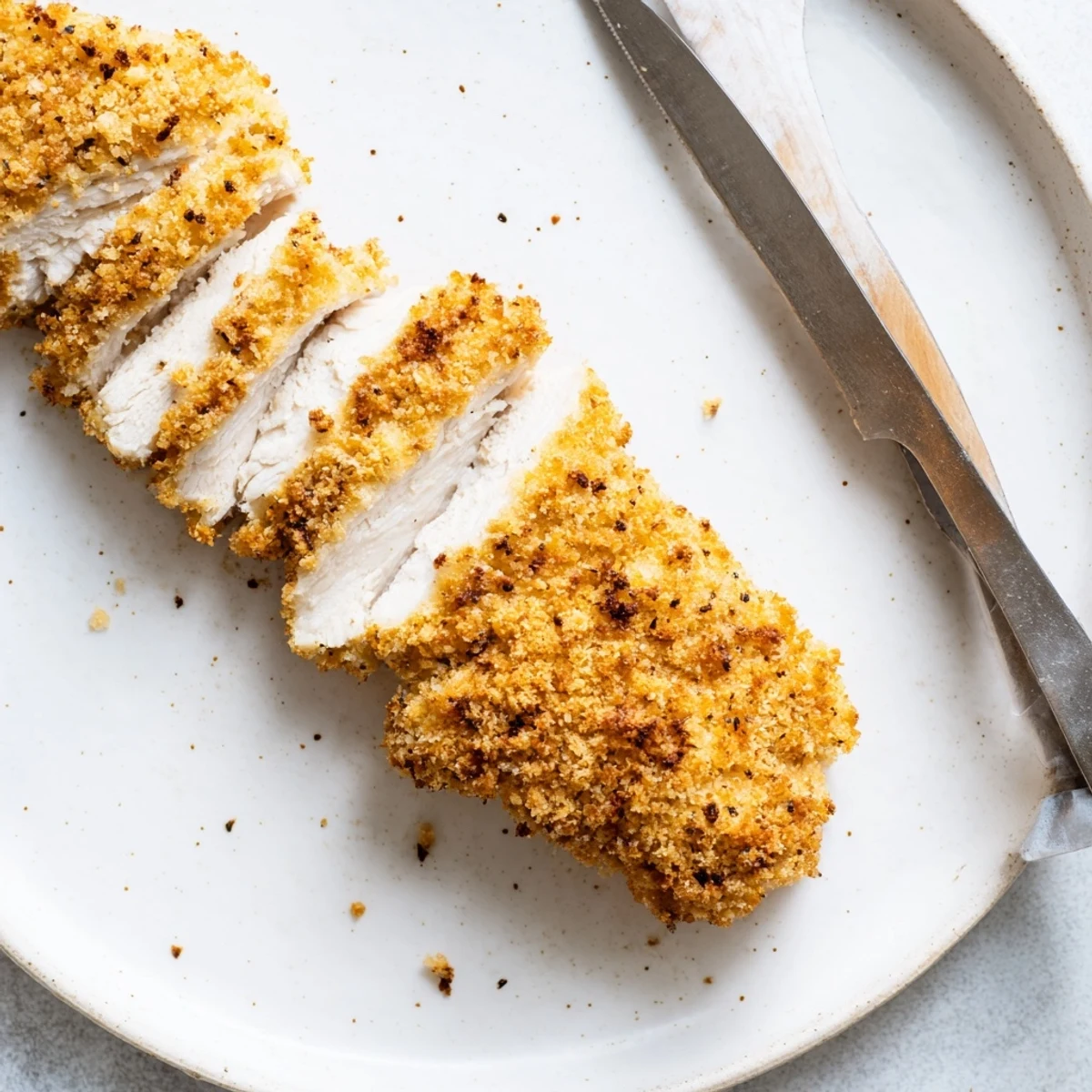 Freshly cooked air fryer breaded chicken breast served over a vibrant salad with cherry tomatoes and greens
