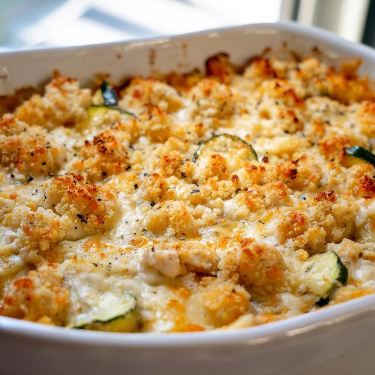 A golden-baked Chicken Zucchini Bake casserole with bubbling cheese, fresh zucchini slices, and crunchy breadcrumbs on top.