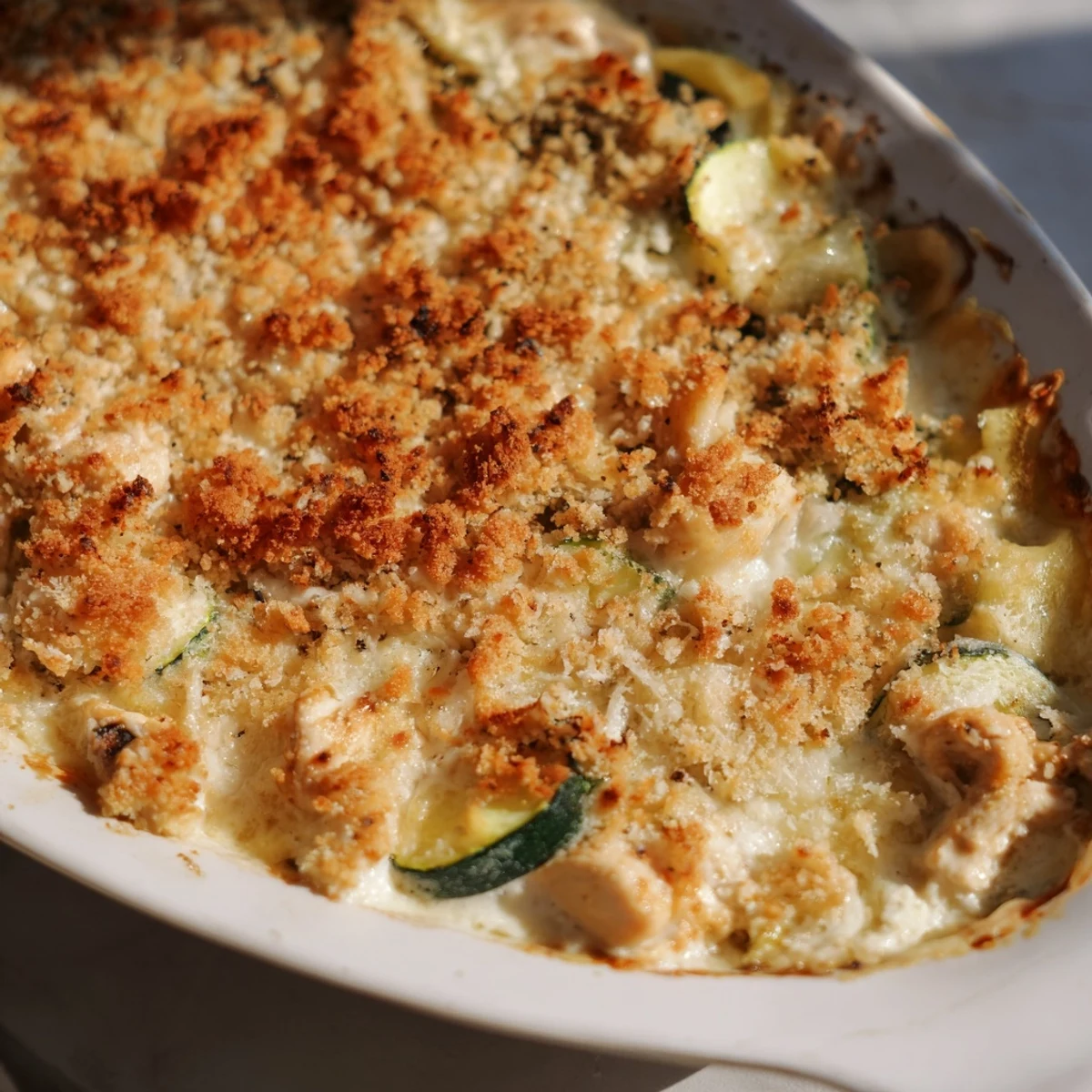 Serving suggestion: slice a square of Chicken Zucchini Bake onto a plate beside a crisp green salad.