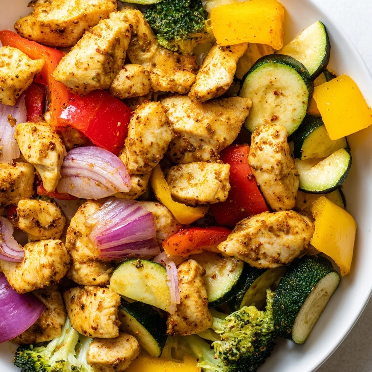 Air fried chicken and veggies in a basket with red bell peppers and zucchini, a vibrant healthy dinner ready to serve.