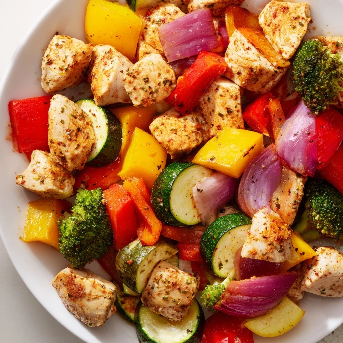 A close up of air fryer chicken and veggies, steaming hot with tender crisp broccoli and onions for a low carb meal.