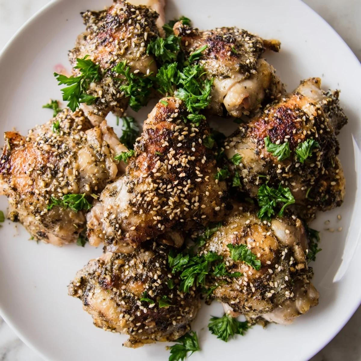 Juicy roasted Zaatar Tahini Chicken Thighs with crispy skin and sesame seeds on a baking sheet.