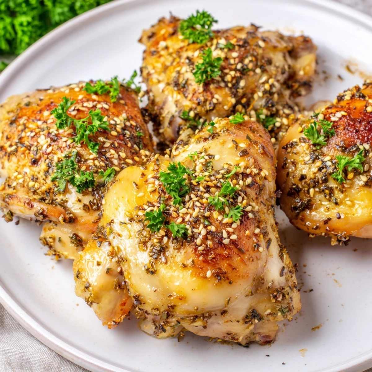 Golden-brown Zaatar Tahini Chicken Thighs glistening with marinade, garnished with fresh parsley and lemon wedges.