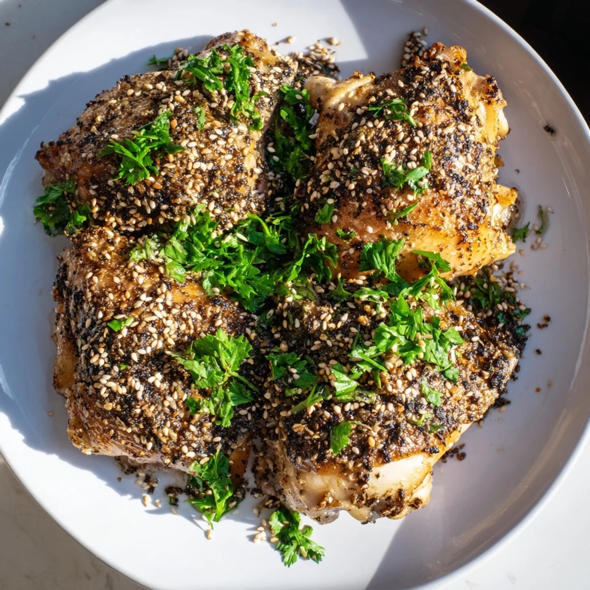 Close-up of succulent Zaatar Tahini Chicken Thighs served alongside warm pita and a fresh salad.