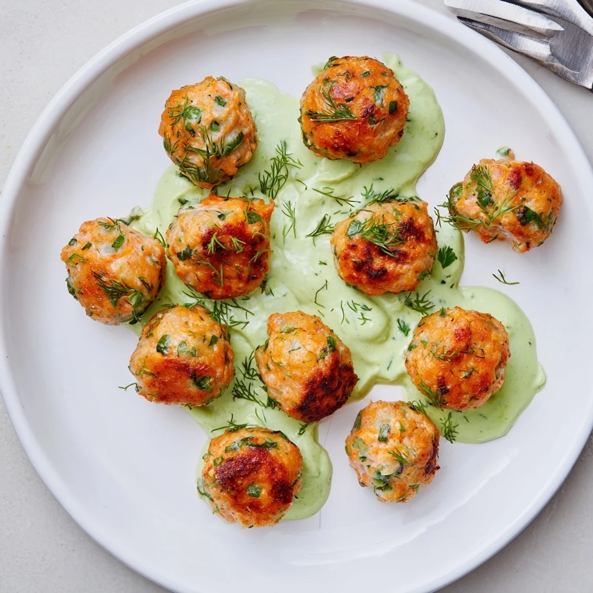 Golden-brown pan-fried Salmon Balls arranged on a white plate beside a vibrant green Creamy Avocado Sauce in a small bowl.
