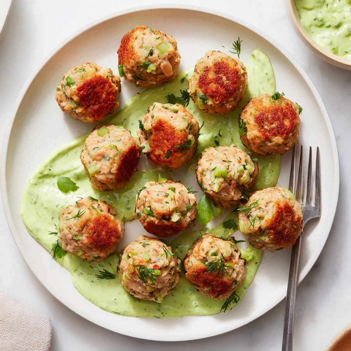 Four cooked Salmon Balls with a tender interior resting on a parchment-lined tray next to fresh dill and lemon wedges.