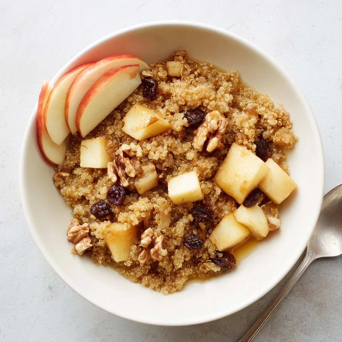 Healthy Quinoa Apple Breakfast in a rustic bowl, finished with plump raisins and chopped pecans, ideal for a nourishing start.