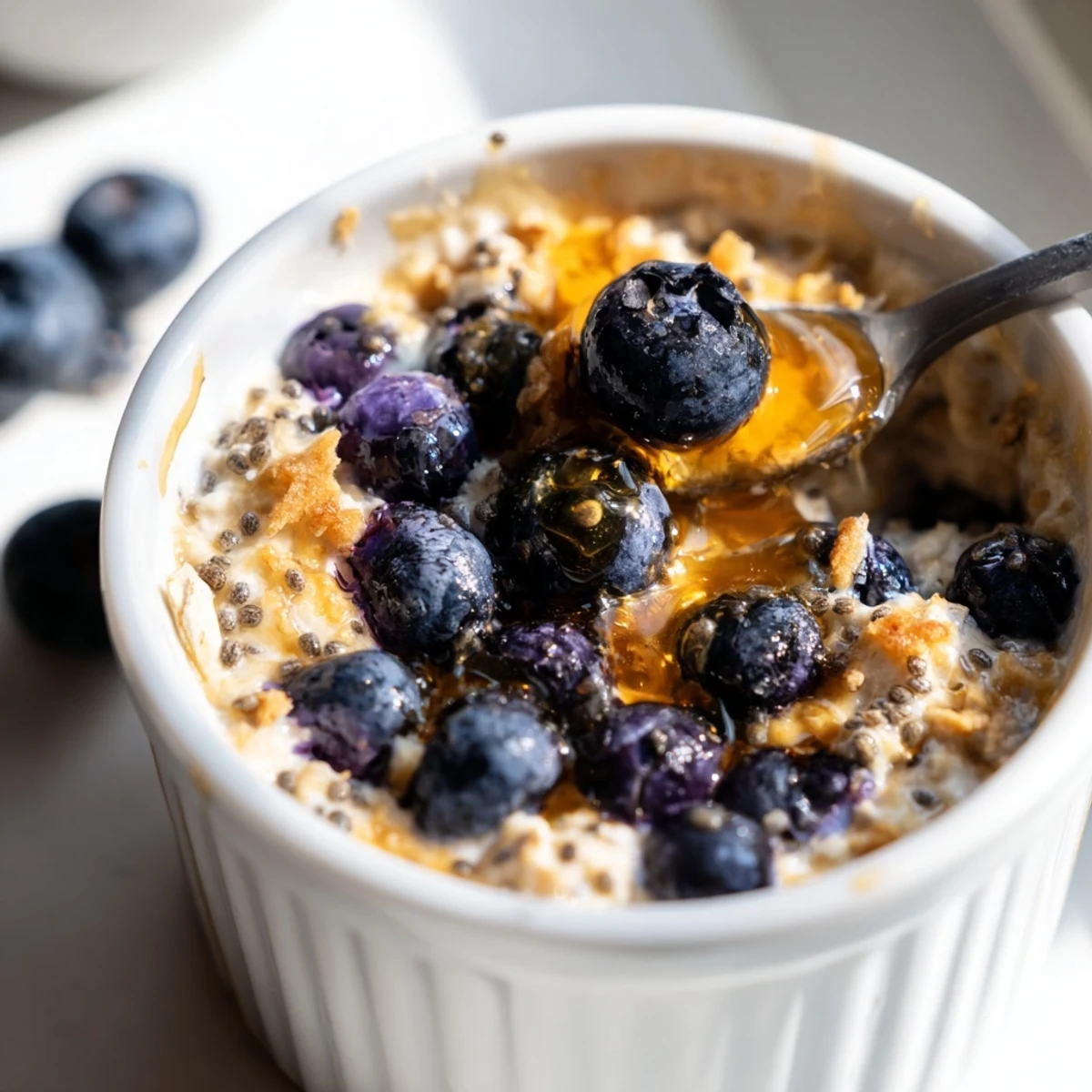 A close-up view of Baked Blueberry Cottage Cheese Breakfast Bowls topped with toasted almonds and a honey drizzle, perfect for a vegetarian meal.