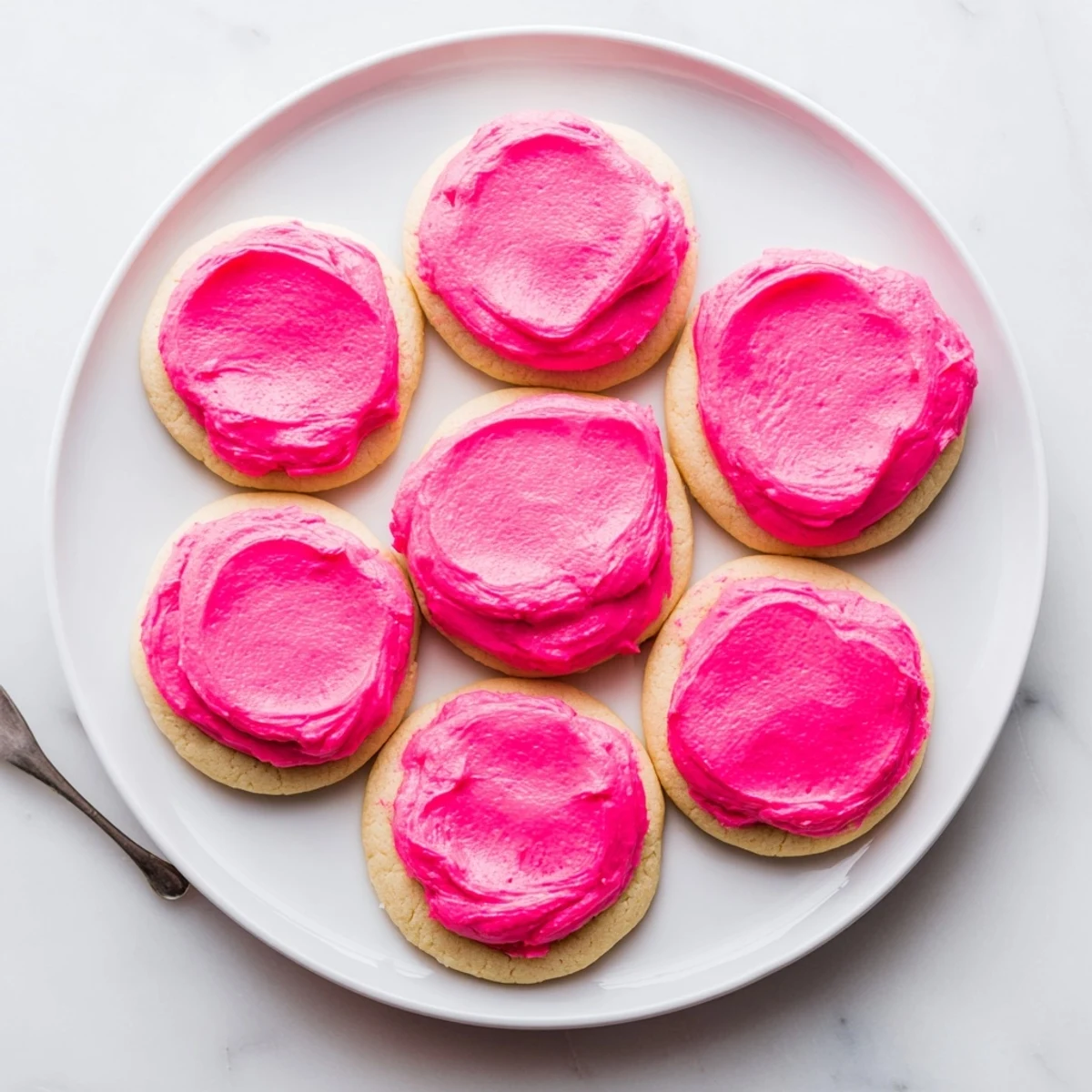 Freshly baked Crumbl Pink Sugar Cookies with soft centers and pink almond frosting on a cooling rack.