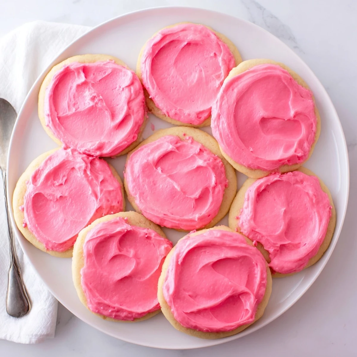 A close-up of Crumbl Pink Sugar Cookies reveals glossy pink frosting and soft, chewy cookie beneath.